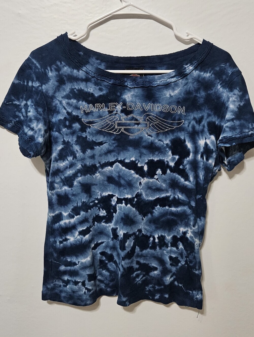 Vtg Harley-Davidson Womens Blue White Tie Dye Rhinestone Shirt L USA Made 2004